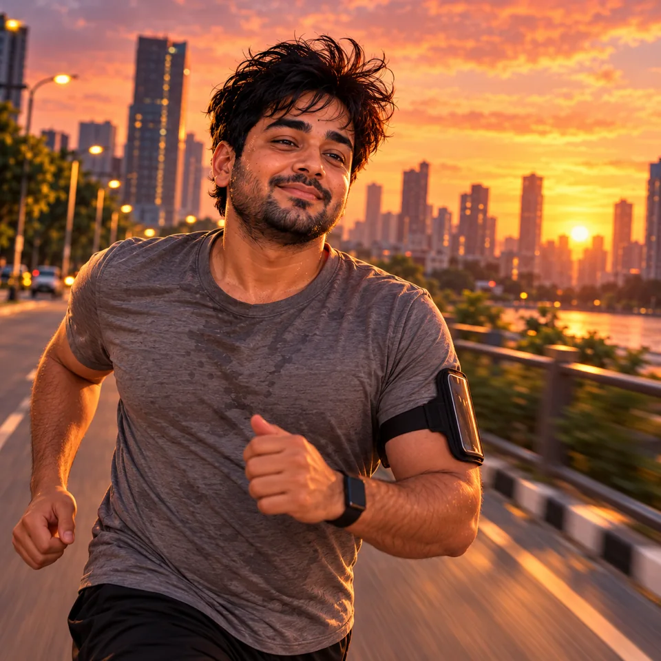 Illustration of Devesh, RunFirst's founder, mid-run on a city street at dusk
